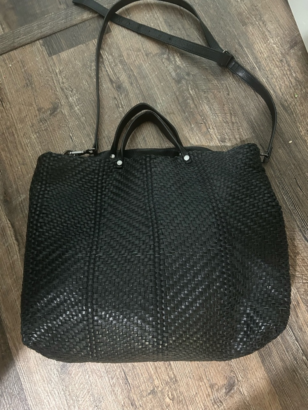Kooba Black Woven Leather Tote with Crossbody Strap